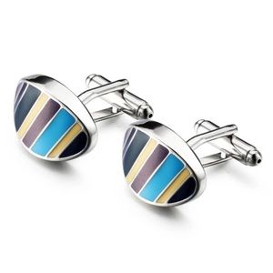 Oval Navy, Blue, Silver and Yellow Stripe Cufflinks